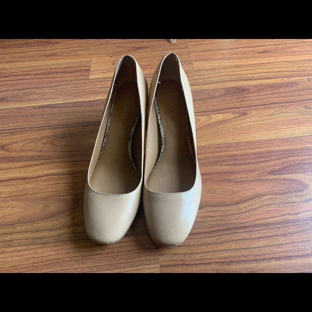 Calvin Klein beige snakeskin block heels